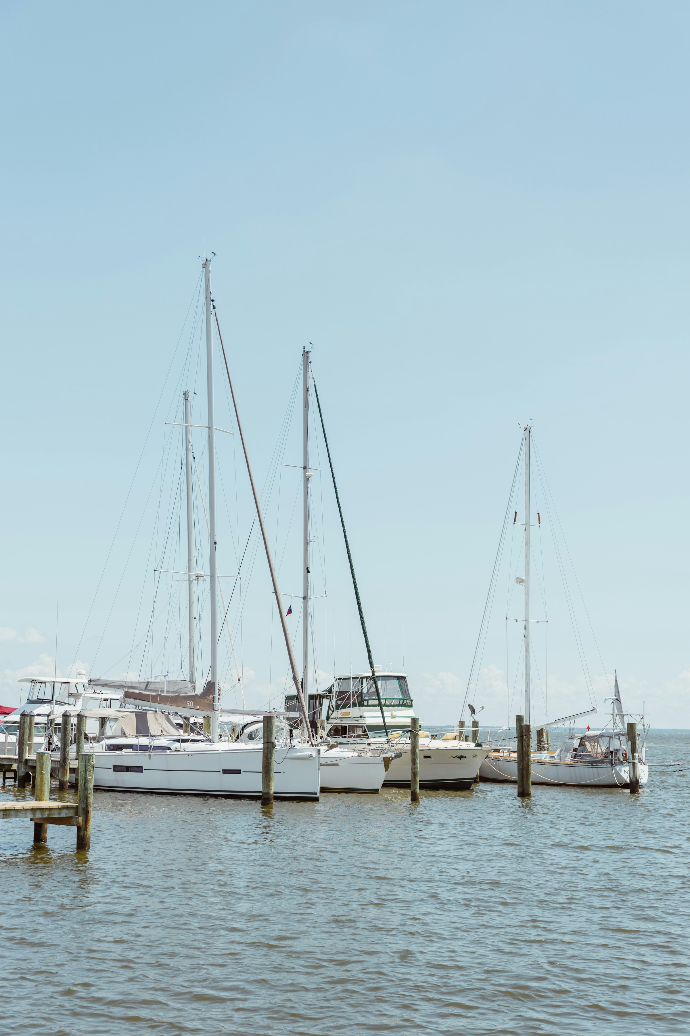 White sailboats moored beside a pier at the Annapolis Maritime Museum under a clear blue sky.